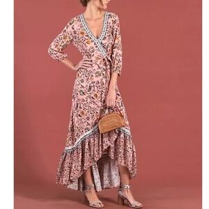 Farm Rio Anthropologie Clara Wrap Dress Size S Women Boho Viscose V Neck Floral